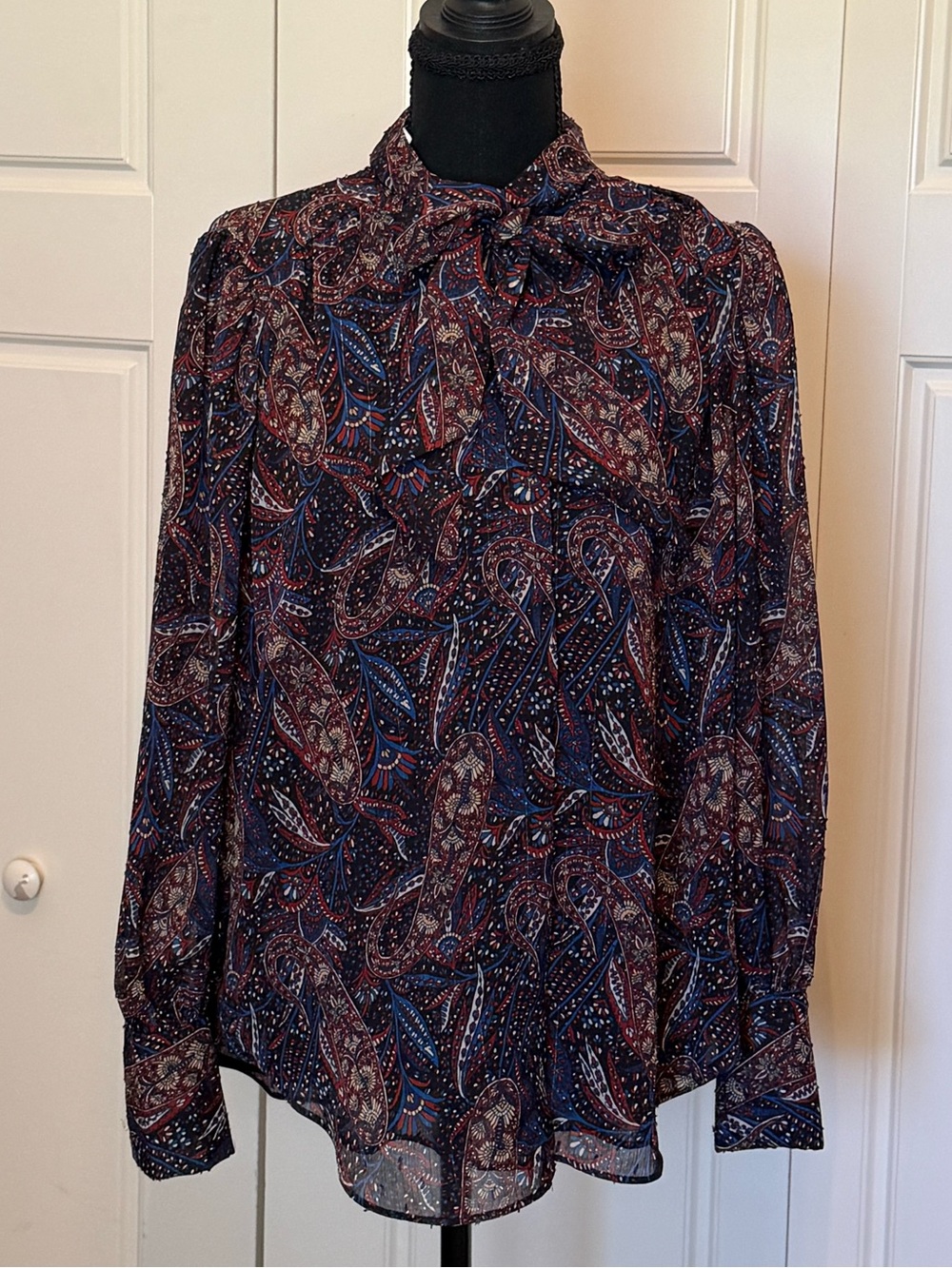 Ann Taylor Women's Paisley Long-Sleeve Blouse in Navy and Burgundy